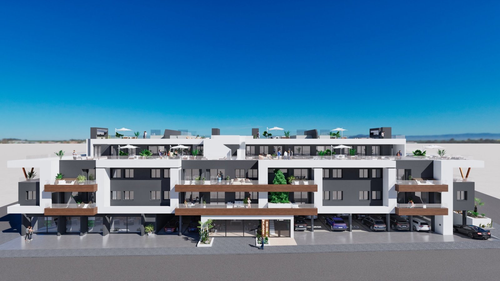 Wohnung im 1. Stock an der Vorderseite, schräg rechts über dem Eingang. Ausgestattet mit 2 Schlafzimmern und 2 Bädern, wovon das Hauptschlafzimmer üb
